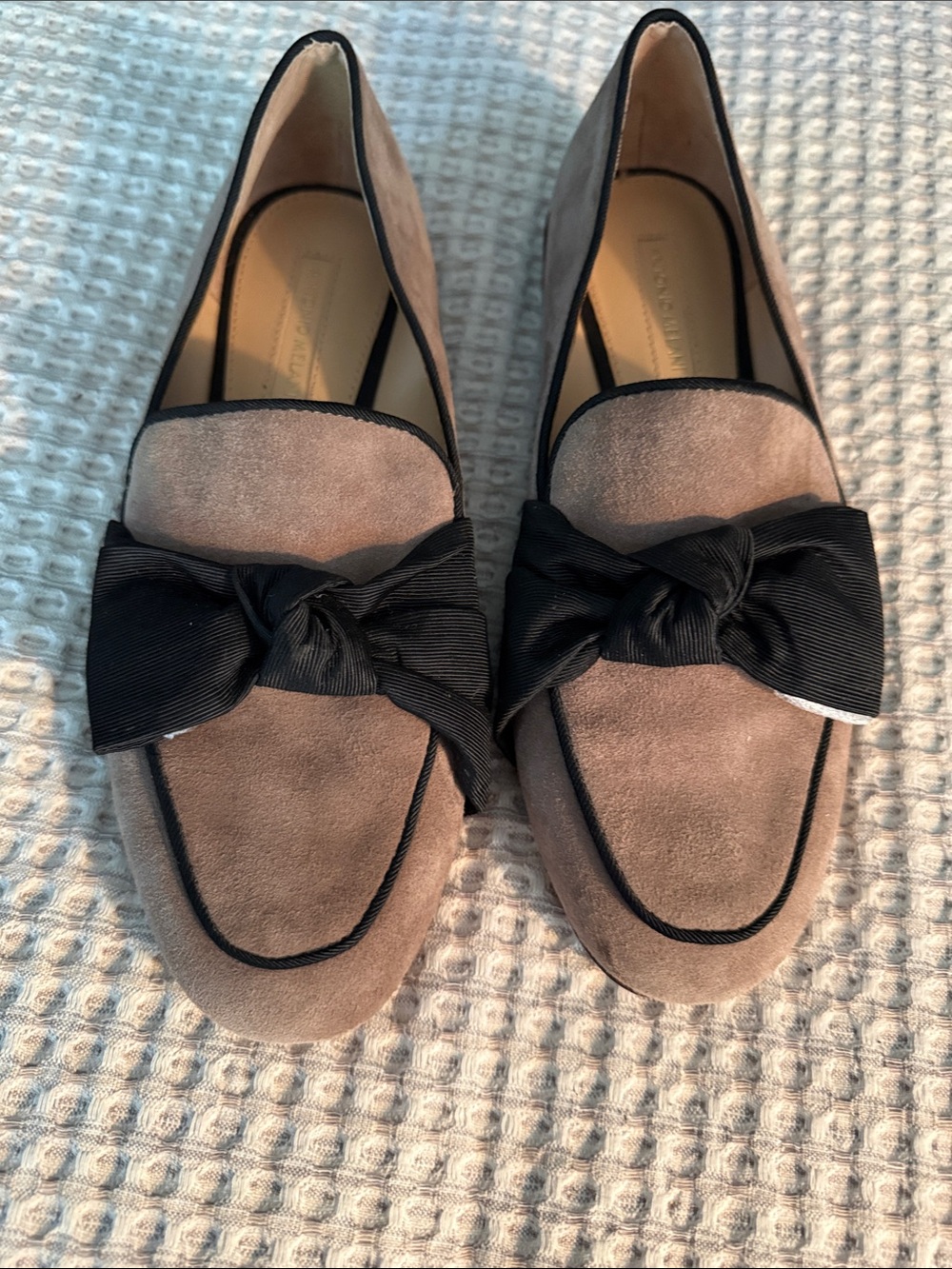 ANTONIO MELANI Taupe Suede Slip-On Loafers with Black Trim in size 7